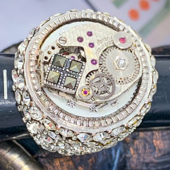 Artisan Jewelry - OOAK Custom Silver/Ruby/Diamond Watch Movement Assemblage Statement Ring 6.5